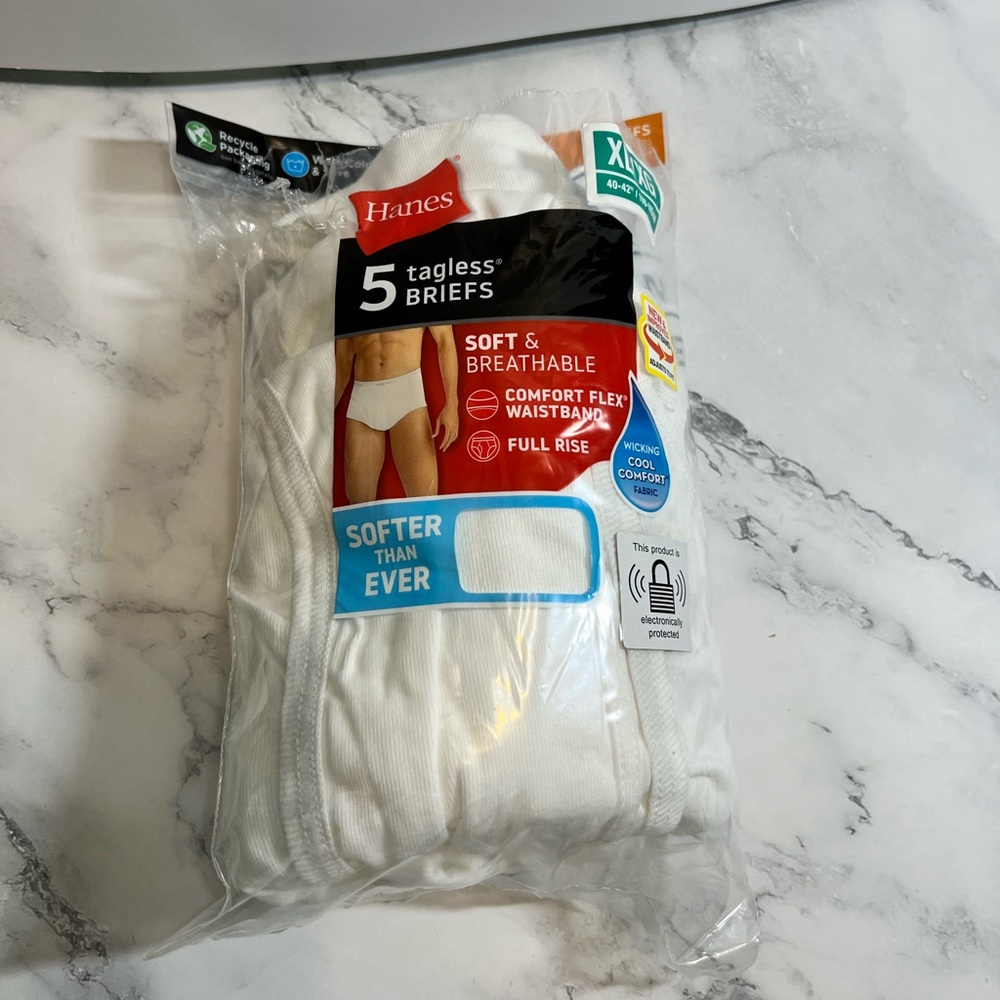 Men's‎ Hanes Tagless Briefs 5 Pack SZ XL/XG White NEW
